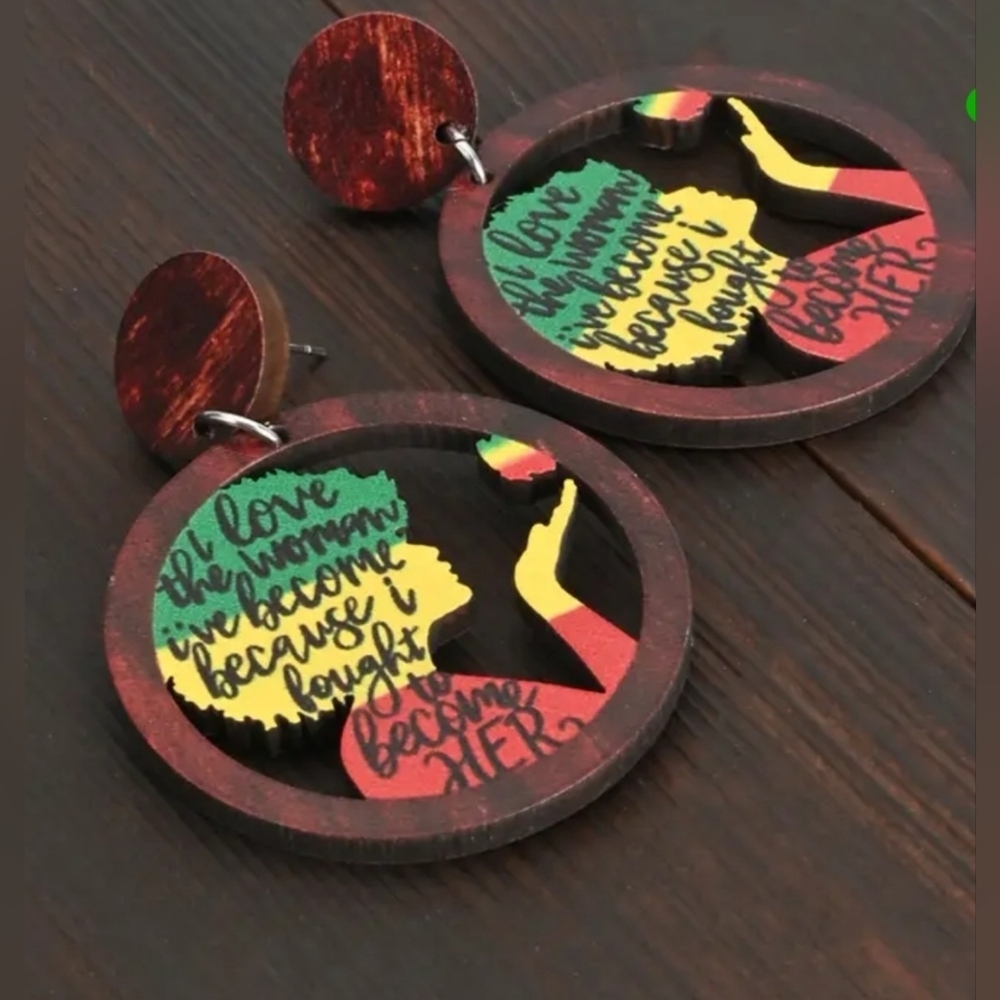 2D Flat - Women'S African Silhouette Hollow Wooden Earrings Handcrafted